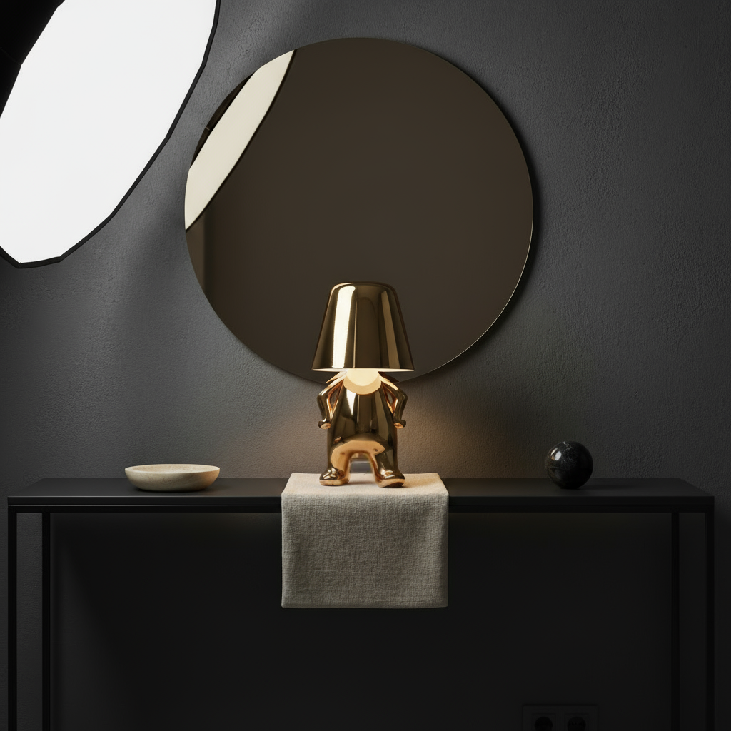 Gold lamp on a dark surface with a round mirror in the background