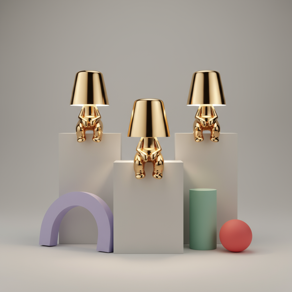 Three gold-colored lampshades on geometric platforms with colorful objects on a neutral background