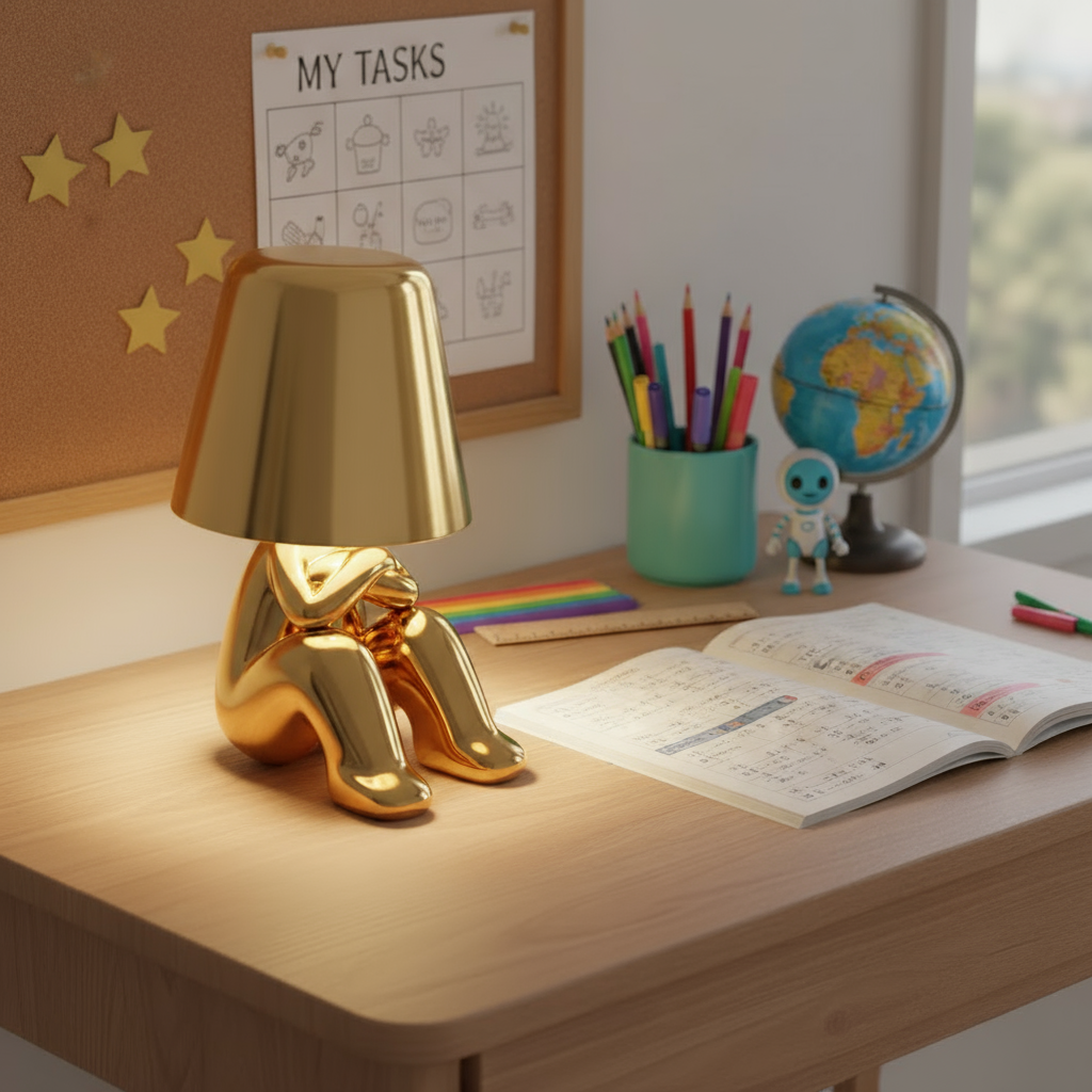 Gold lamp on a desk with stationery items and a world map in the background