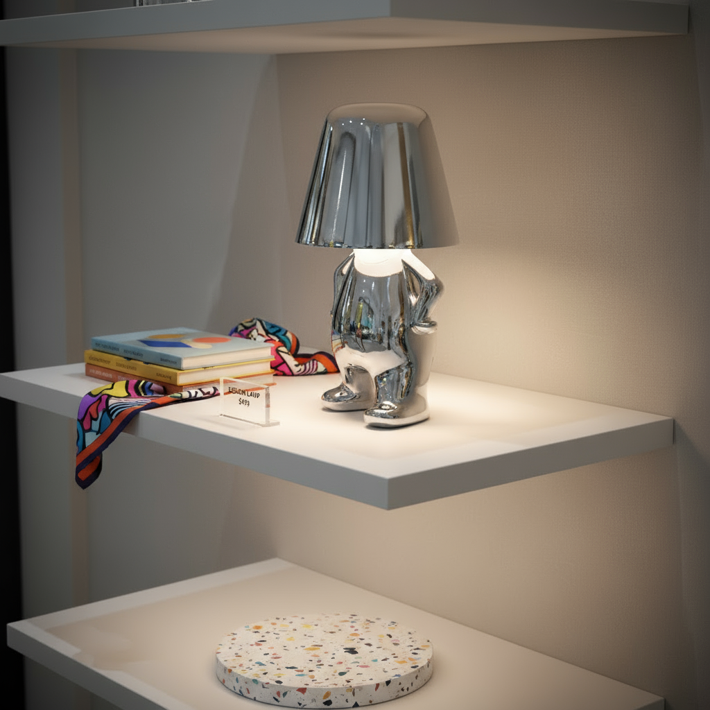 Modern lamp on a white shelf with books and a colorful item in the background