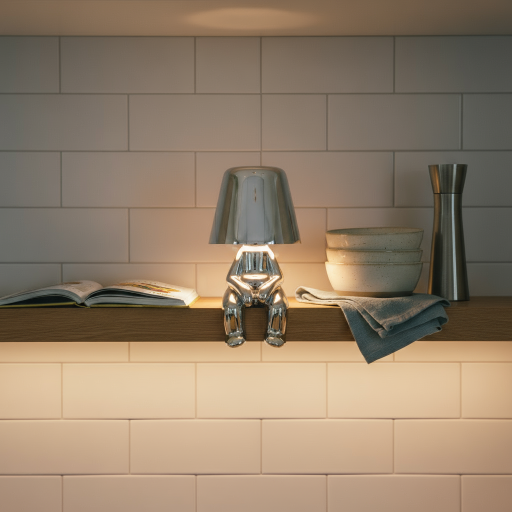 Silver lamp on a wooden surface with a tiled wall background