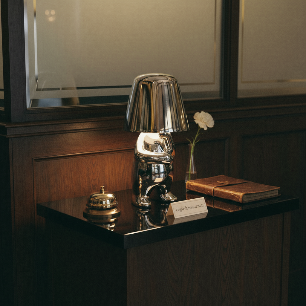 Silver lamp on a wooden desk with a mirror in the background