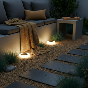 Outdoor seating area with lights and a blanket on a patio