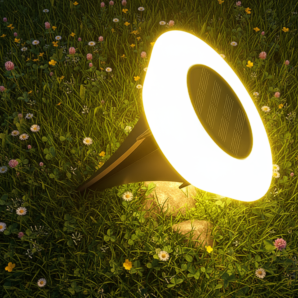 Solar-powered lamp on grass with flowers
