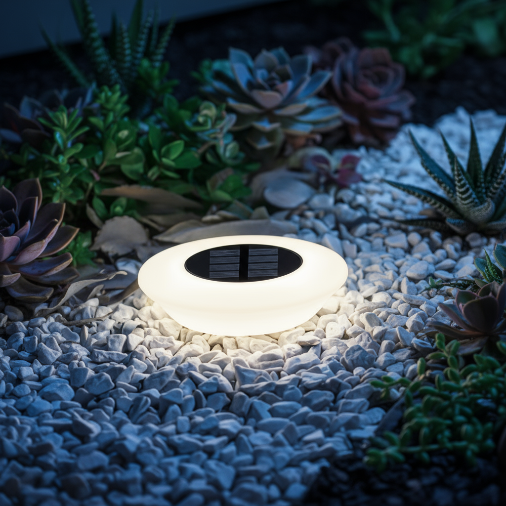 Solar-powered garden light emitting a warm glow on pebbles with plants around