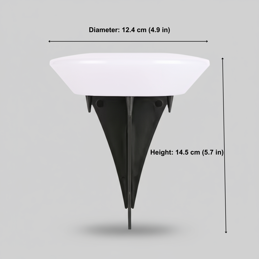Black outdoor light fixture with measurements on a gray background