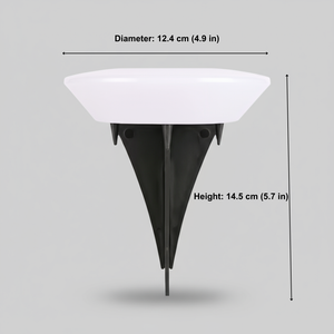 Black outdoor light fixture with measurements on a gray background