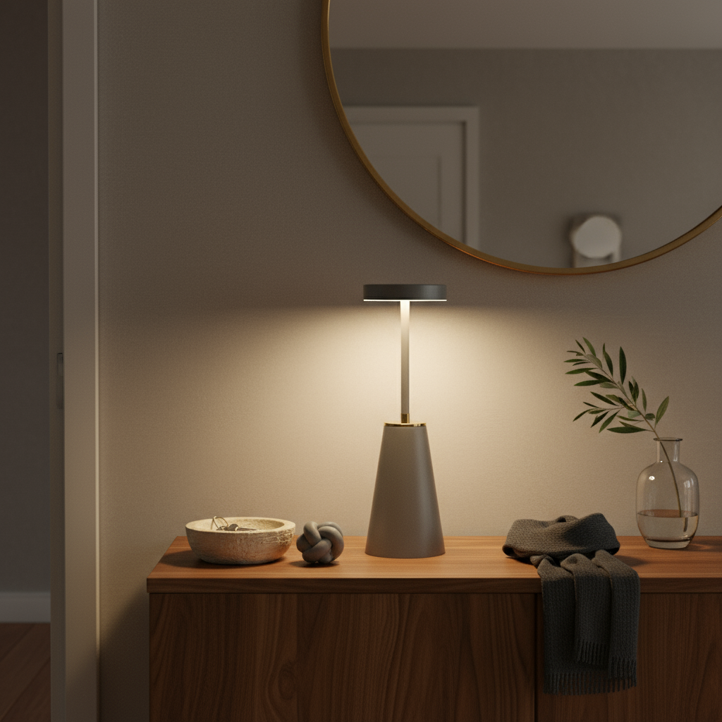 Table lamp on a wooden surface with a mirror and decorative items in the background