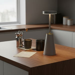 Modern lamp on a kitchen counter with coffee-making equipment