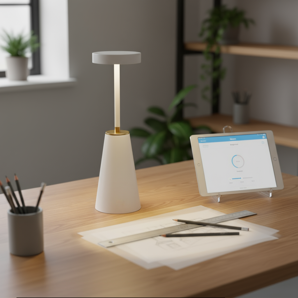 White lamp on a wooden desk with a tablet displaying a app interface.