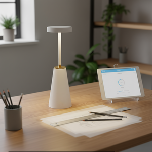 White lamp on a wooden desk with a tablet displaying a app interface.