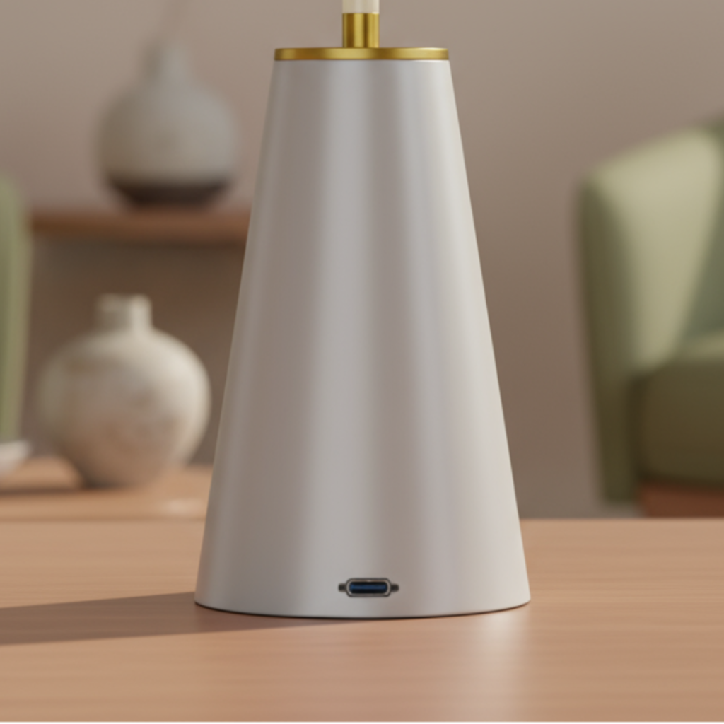 White and gold vase on a wooden table with a blurred living room background