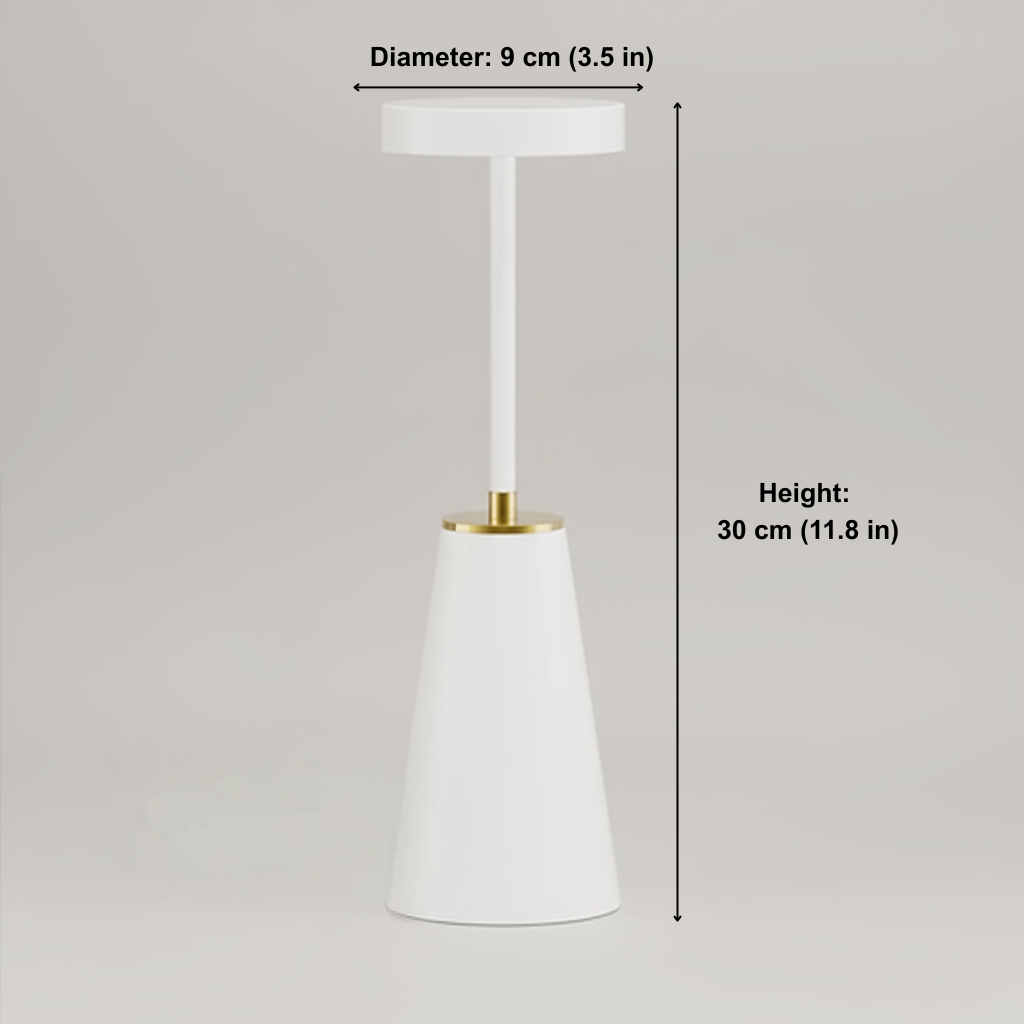 White pendant light with gold accent, shown with measurements on a gray background