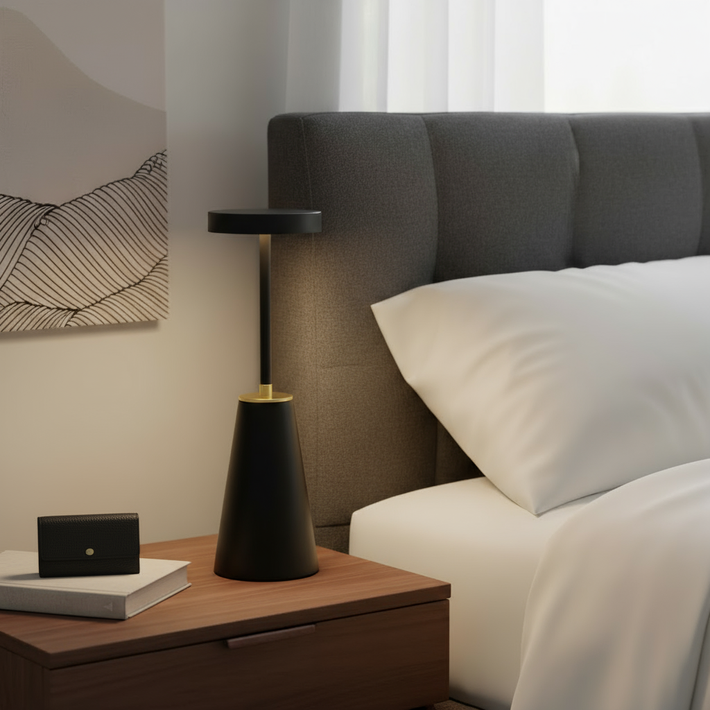Modern bedroom with a bedside table, lamp, and bed with white pillows.