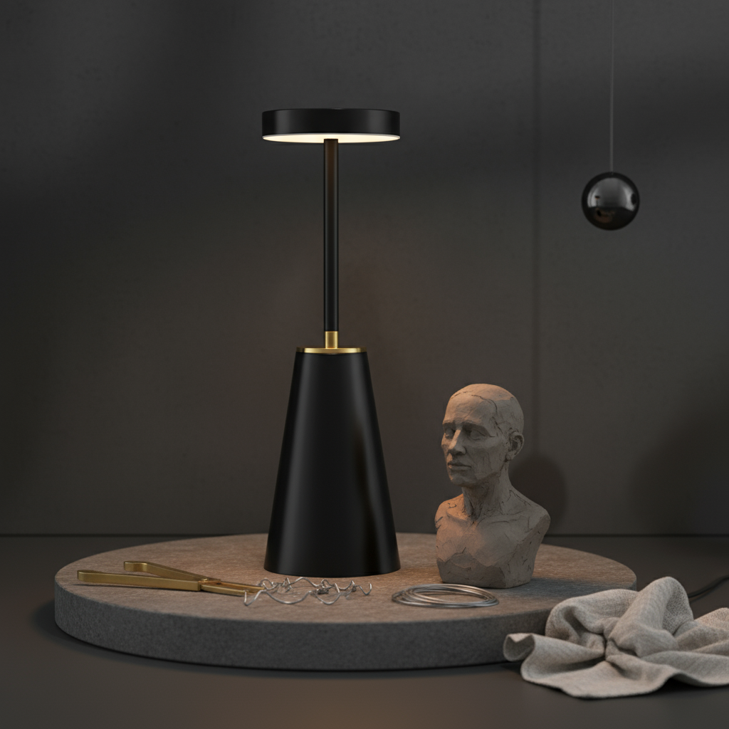 Black lamp on a round stone platform with a bust and other objects against a dark background