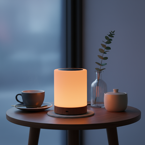 Small table with a lit lamp, cup, saucer, and decorative items against a dark background