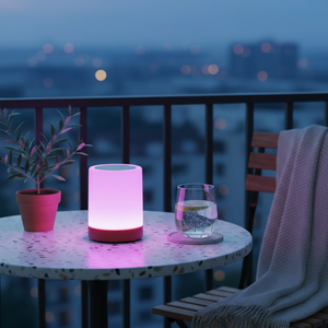 Pink LED lamp on a table with a glass of water and a plant, set against a blurred cityscape at night.