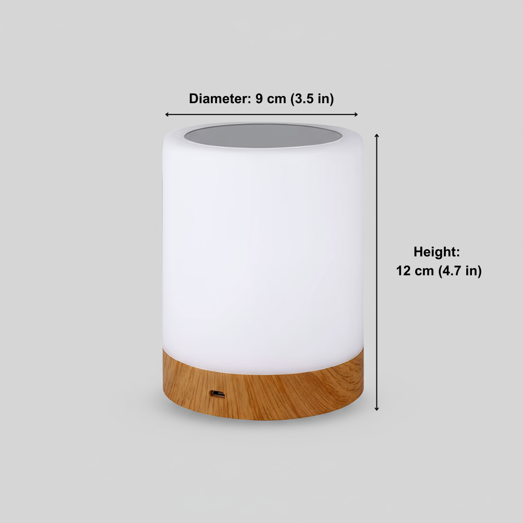 White cylindrical lamp with wooden base and dimensions on a gray background