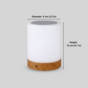 White cylindrical lamp with wooden base and dimensions on a gray background