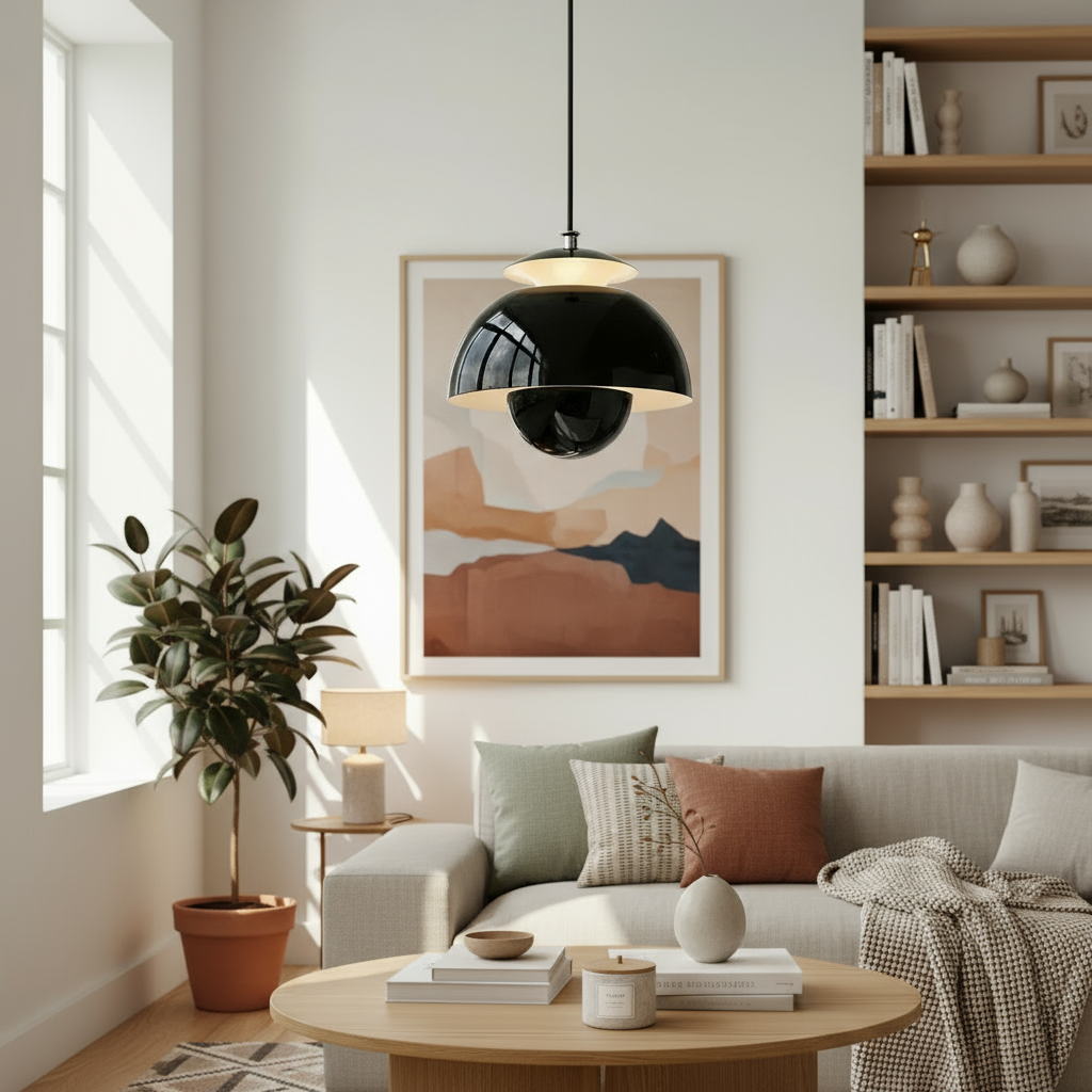 Modern living room with a black pendant light, sofa, coffee table, and wall art.