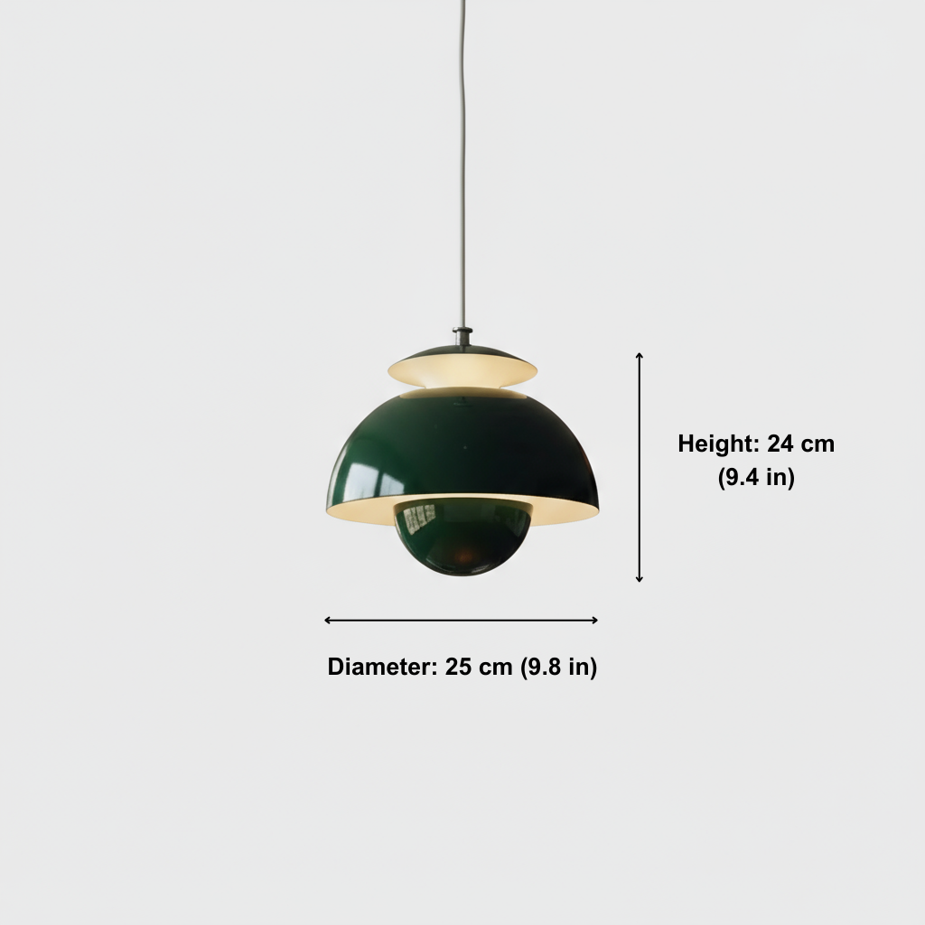 Green pendant lamp with measurements on a white background