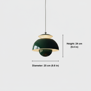 Green pendant lamp with measurements on a white background