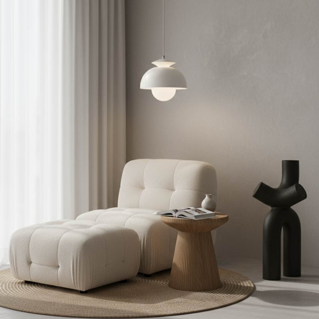 Modern living room with a beige armchair, wooden side table, and black sculpture.