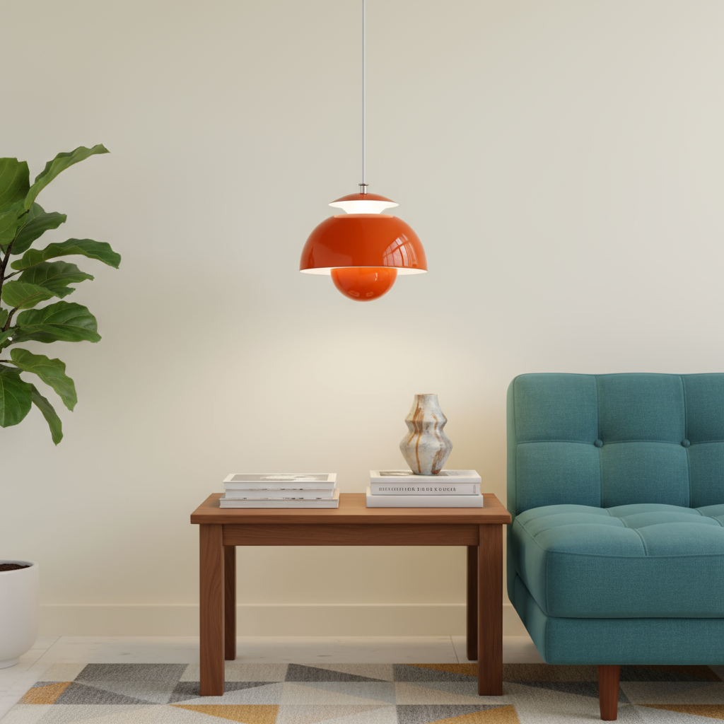 Living room with a teal sofa, wooden table, and orange pendant lamp.