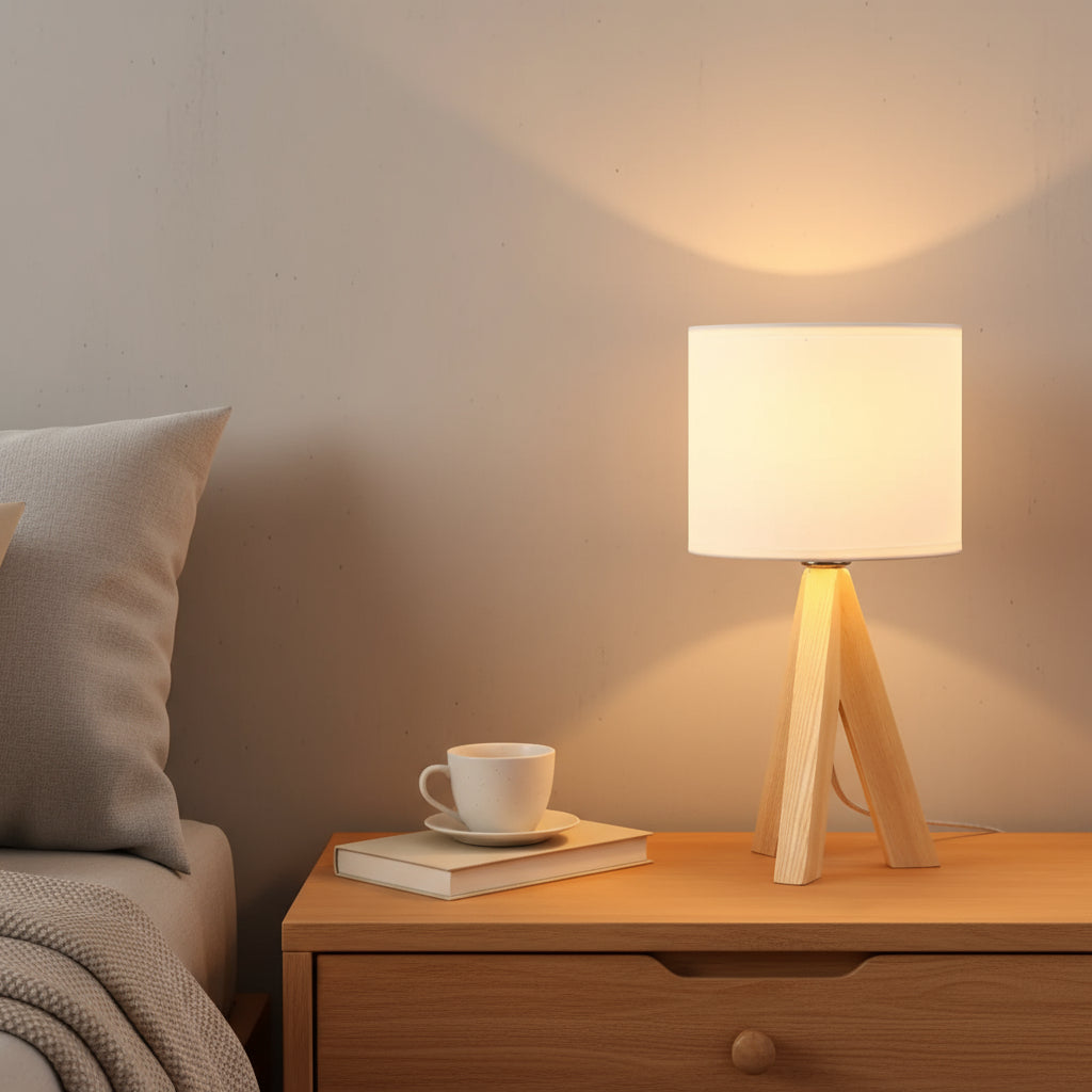 Wooden table lamp on a nightstand with a cup and book in a cozy bedroom setting.