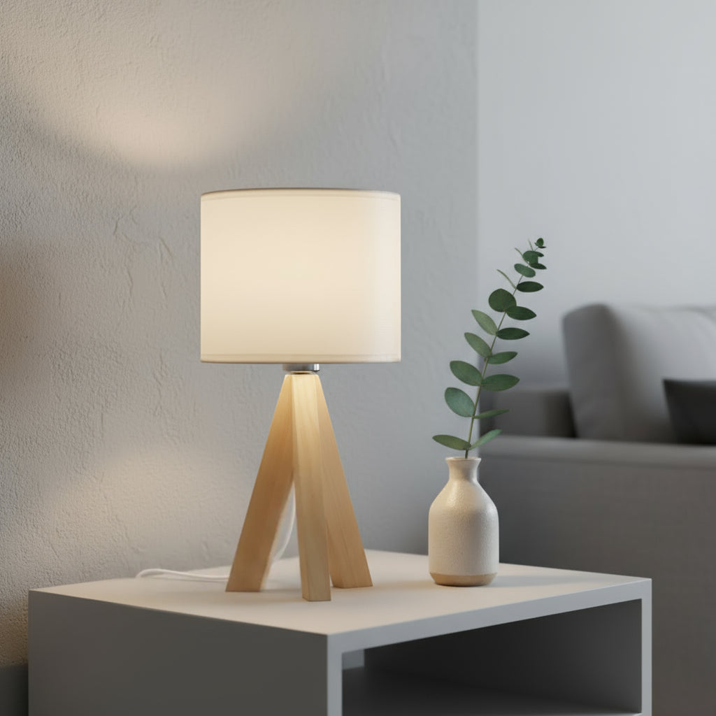 Table lamp with wooden base and white shade on a side table in a living room setting.