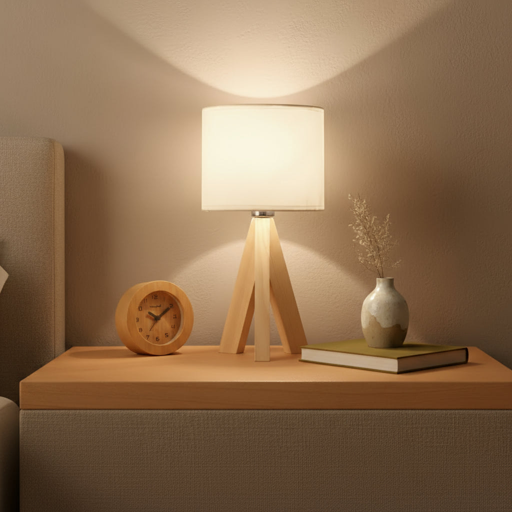 Wooden lamp on a nightstand with a clock and vase in a warm room setting