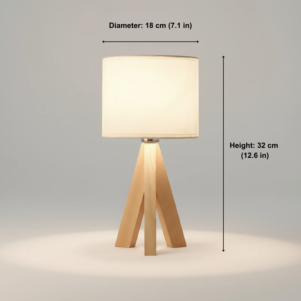 Table lamp with dimensions indicated on a gray background