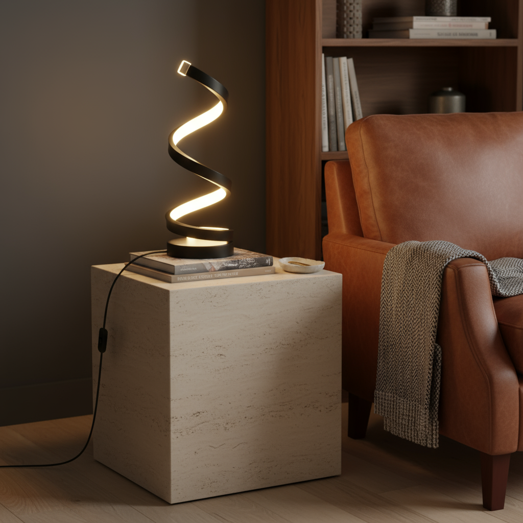 Modern lamp with spiral design on a side table next to a brown armchair in a cozy room.