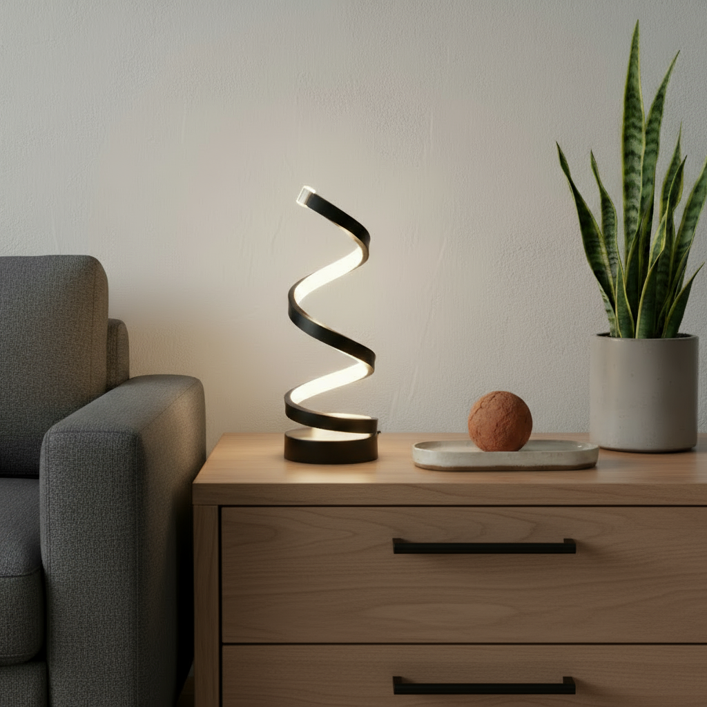 Spiral table lamp on a wooden side table with a plant and decorative ball in a living room setting.