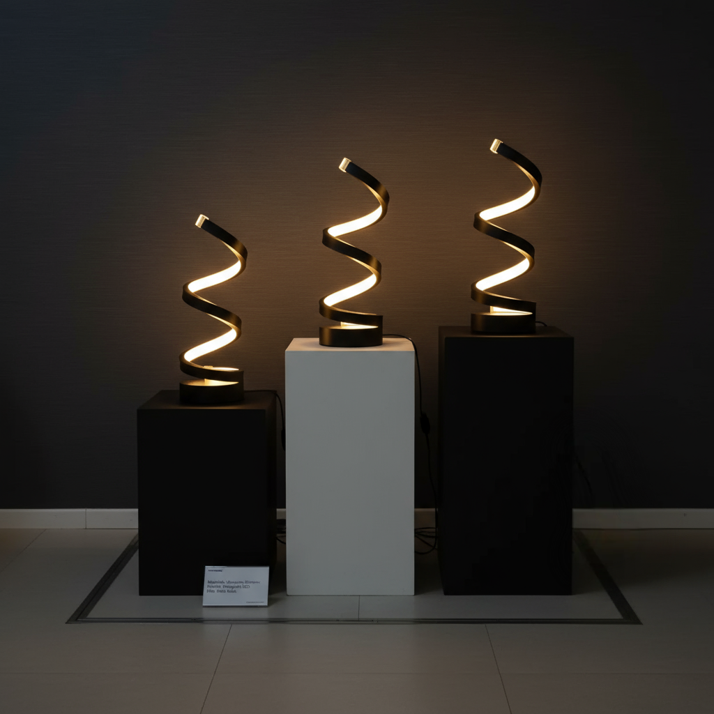 Three spiral-shaped lamps on pedestals against a dark background