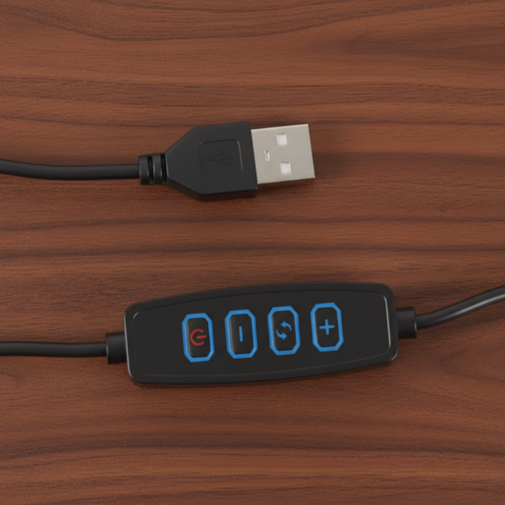 USB cable and electronic device with buttons on a wooden surface