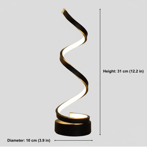Spiral lamp with dimensions labeled on a gray background