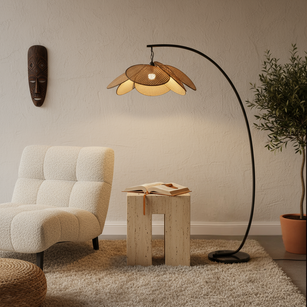 Modern living room with a textured wall, armchair, floor lamp, and plant.