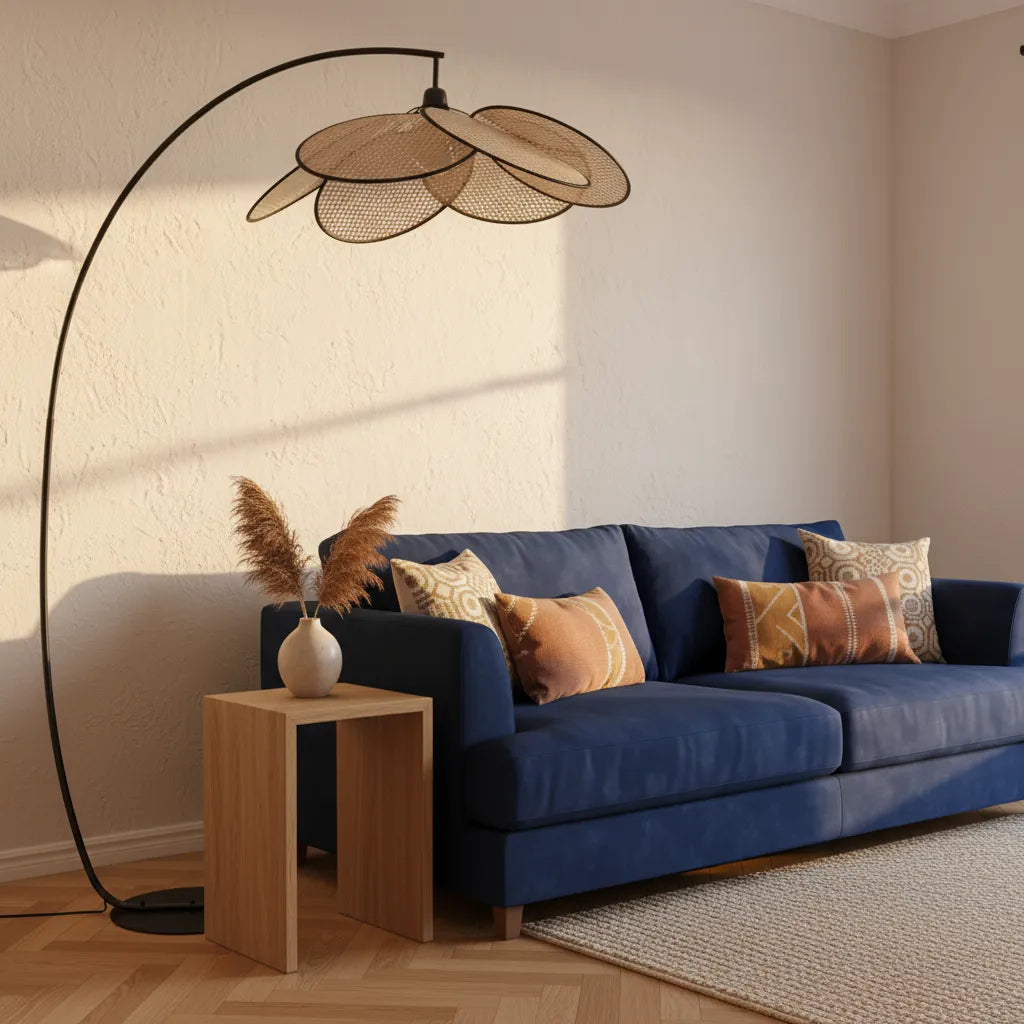 Modern living room with a blue sofa, decorative pillows, a floor lamp, and a small table.