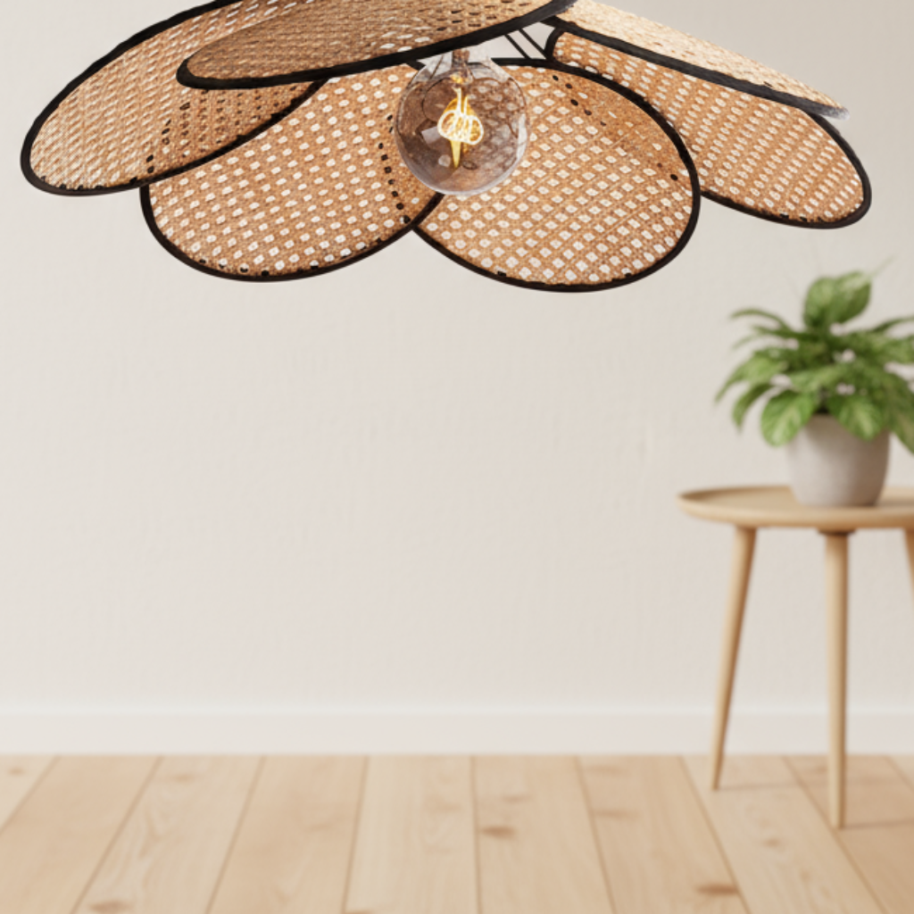 Woven pendant light fixture hanging above a wooden table with a plant on a neutral background