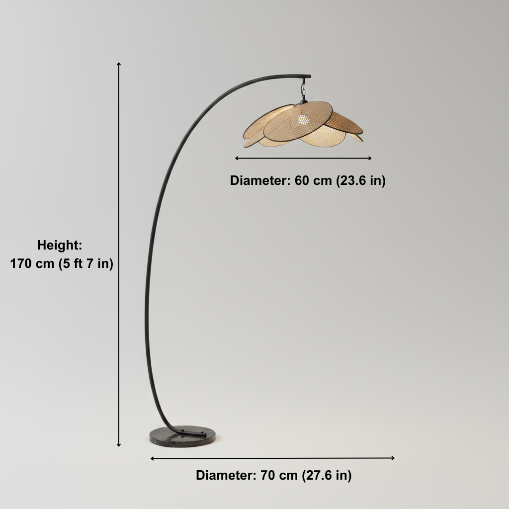 Floor lamp with dimensions indicated on a gray background