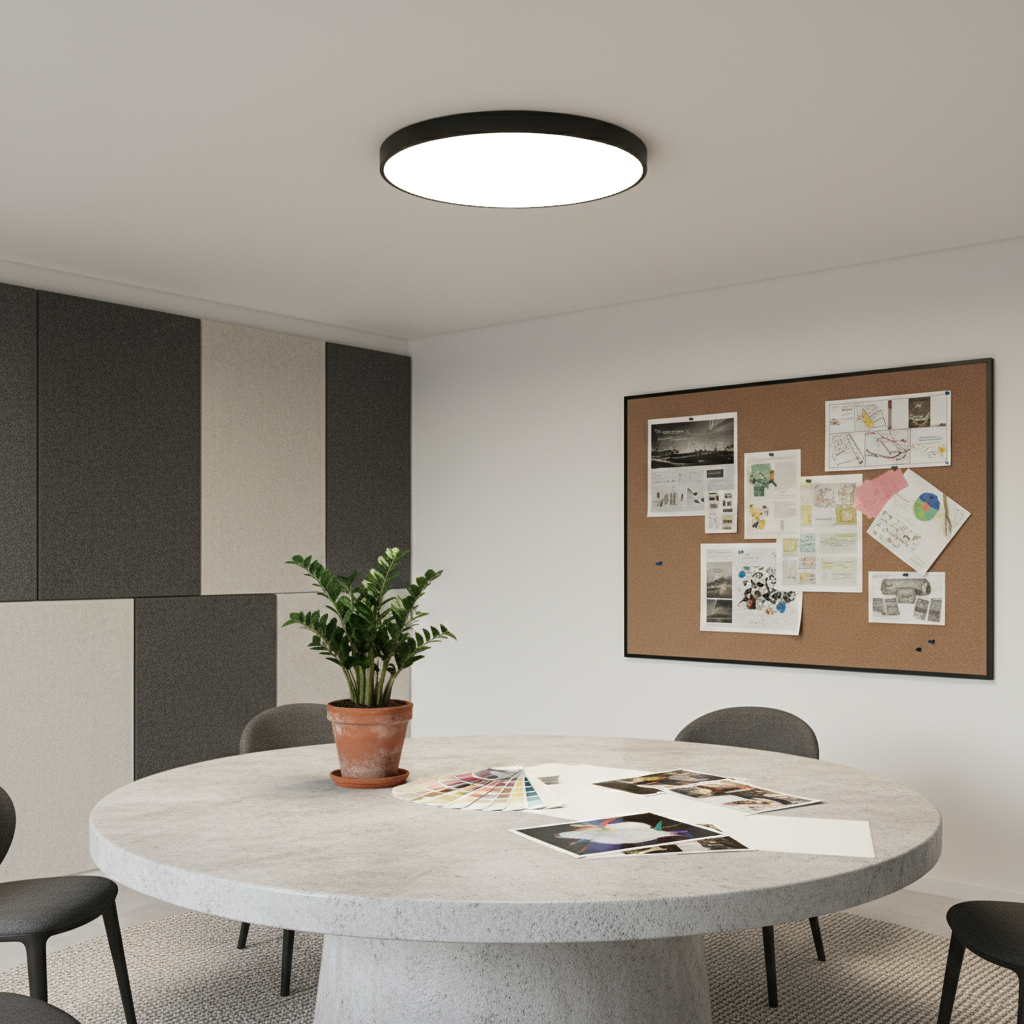 Modern office meeting room with round table, chairs, and a bulletin board on the wall.