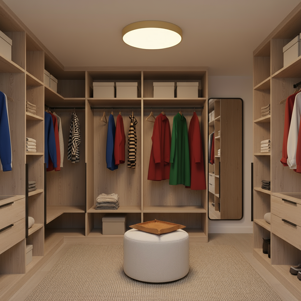 Modern walk-in closet with wooden shelves, clothes, and a mirror.