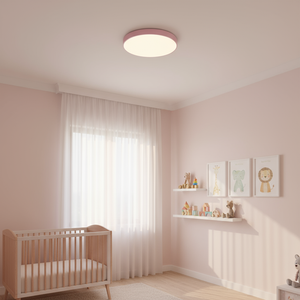 Nursery room with pink walls, crib, and shelves with toys.