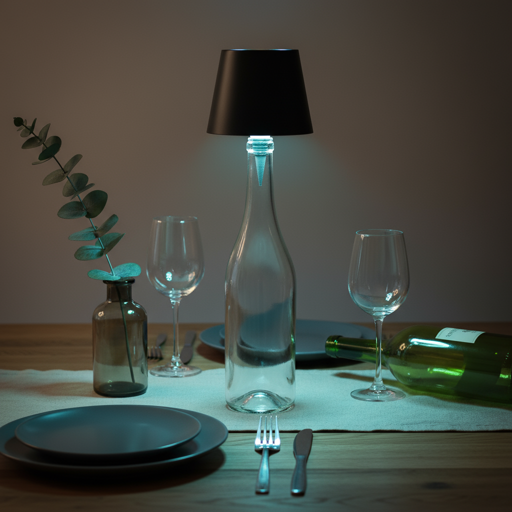 Dining table setting with a lamp, glasses, plates, and cutlery on a wooden surface.
