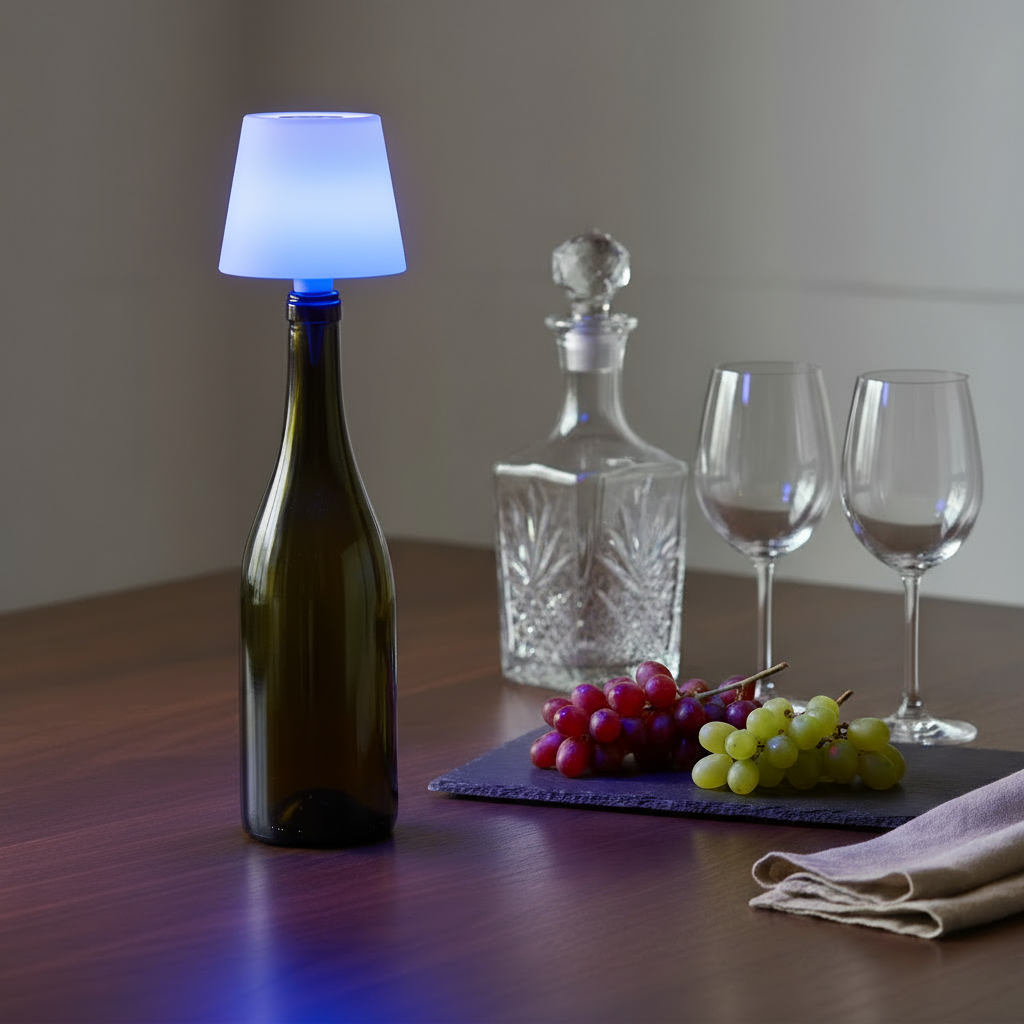 Wine bottle with a lamp, decanter, glasses, and grapes on a table.