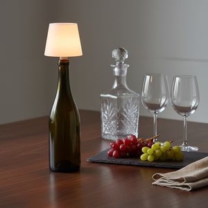 Wine bottle repurposed as a lamp on a table with grapes and glasses.