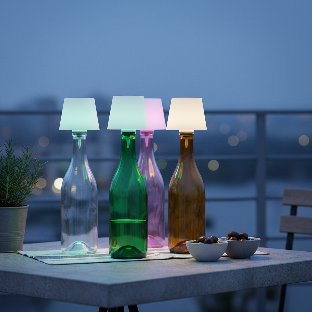 Colorful glass bottles with lampshades on a table at night.