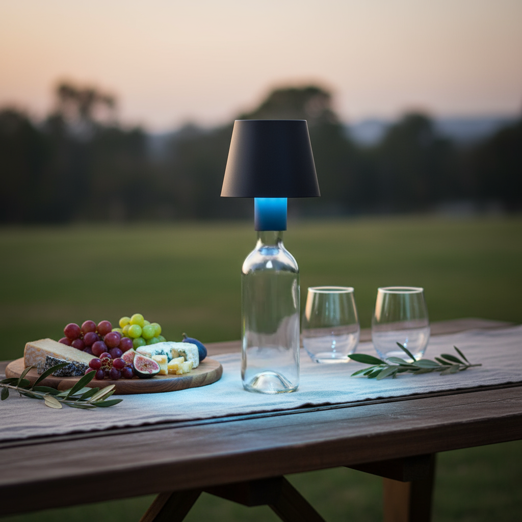 Wine bottle with a lampshade on a table outdoors with cheese and grapes.