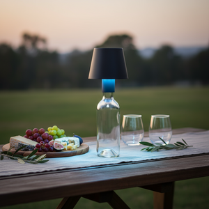 Wine bottle with a lampshade on a table outdoors with cheese and grapes.